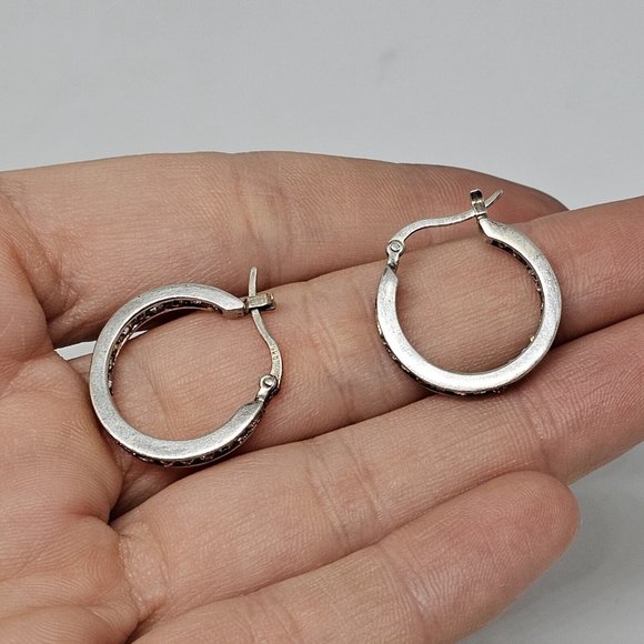 925 STERLING SILVER - Shiny Crystal Round Hoop Earrings - Picture 4 of 12
